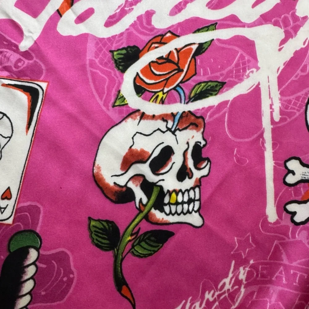 Ed Hardy Pink Skull Snake Tattoo Print Satin Scarf Wrap Y2K 43x43‎
